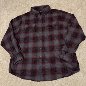 George Mens Flannel Button Down Shirt 100% Cotton Red Gray Black Plaid, Sz 2XL